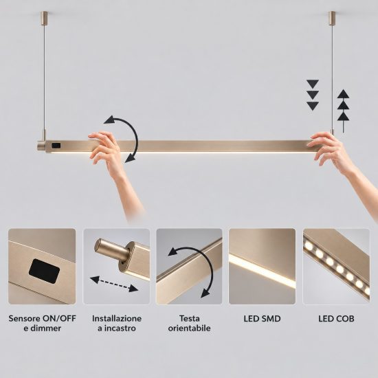 Lampadario a sospensione led 40w cct 2700k 5000k dimmerabile con sensore grigio spazzolato
