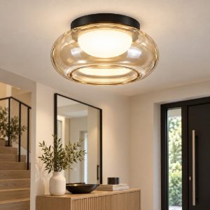 Plafoniera tonda bronzo vetro led 12w 3000k 23cm design moderna per ingresso