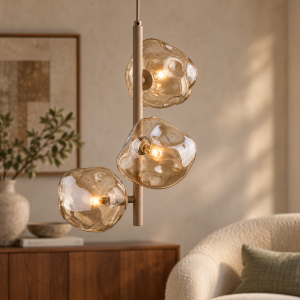 Lampadario per camera da letto verticale design moderno vetri cognac