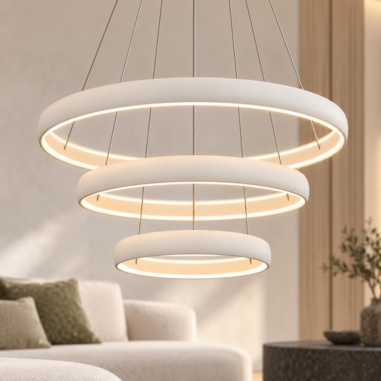 Lampadario a sospensione led 122w 3000k dimmerabile 3 anelli bianco per soggiorno