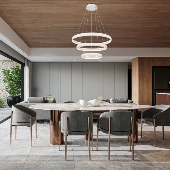 Lampadario a sospensione led 122w 3000k dimmerabile 3 anelli bianco per soggiorno