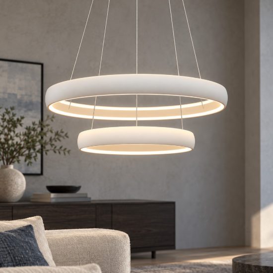 Lampadario a sospensione led 70w 3000k dimmerabile 2 anelli bianco per soggiorno
