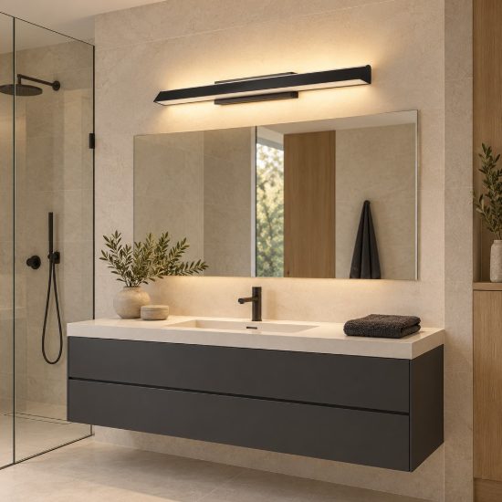 Applique biemissione per specchio da bagno design moderna nera led 22w 3000k 62cm