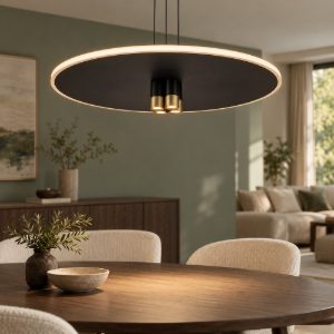 Lampadario a sospensione disco nero oro led 42w 3000k luce mirata e diffusa per sala da pranzo
