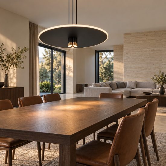 Lampadario a sospensione disco nero oro led 42w 3000k luce mirata e diffusa per sala da pranzo