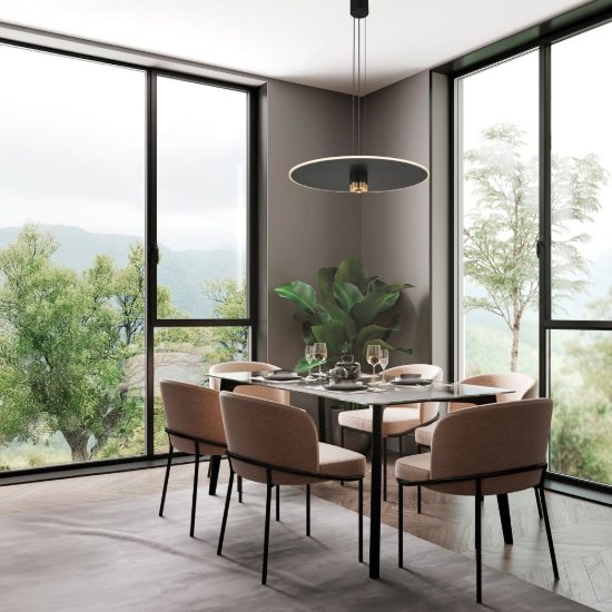 Lampadario a sospensione disco nero oro led 42w 3000k luce mirata e diffusa per sala da pranzo