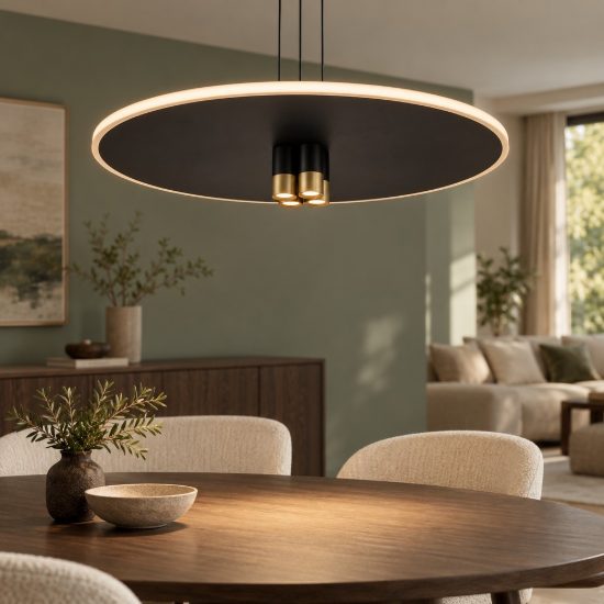 Lampadario a sospensione per tavolo salotto tondo nero oro led 33w 3000k design moderno
