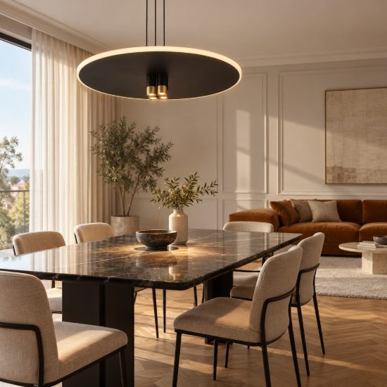 Lampadario a sospensione per tavolo salotto tondo nero oro led 33w 3000k design moderno