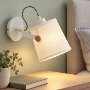 Applique per comodino camera da letto bianca legno con paralume