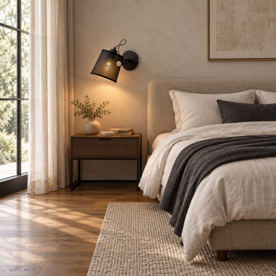 Applique nera legno con paralume per comodino camera da letto