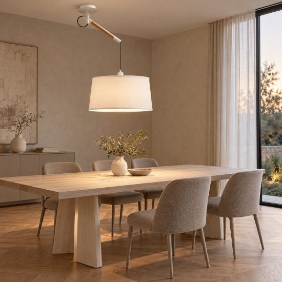 Lampadario braccio orientabile a sospensione bianco legno per tavolo soggiorno