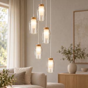 Lampadario a sospensione 5 luci bianco legno vetro per sala da pranzo
