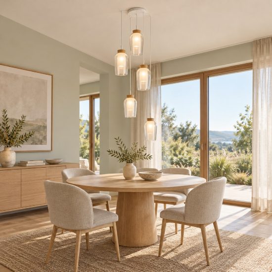 Lampadario a sospensione 5 luci bianco legno vetro per sala da pranzo