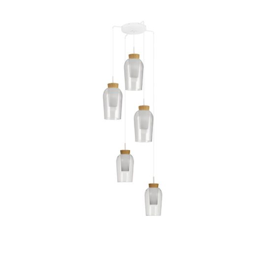 Lampadario a sospensione 5 luci bianco legno vetro per sala da pranzo