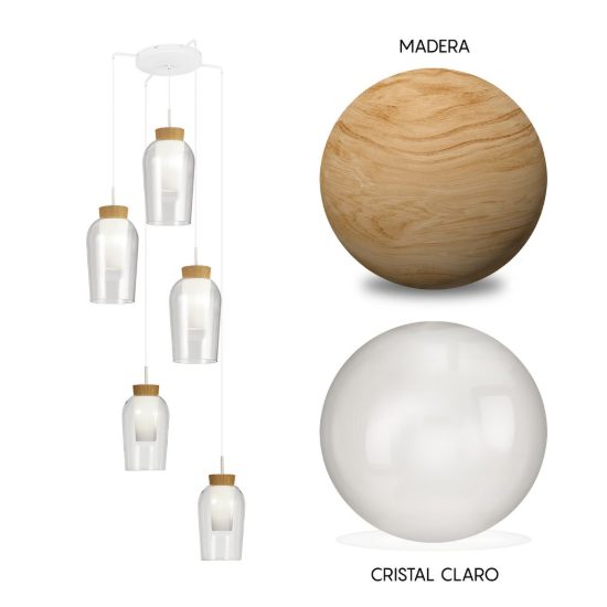Lampadario a sospensione 5 luci bianco legno vetro per sala da pranzo