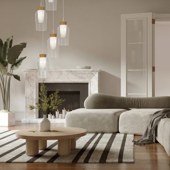 Lampadario a sospensione 5 luci bianco legno vetro per sala da pranzo