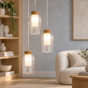 Lampadario a sospensione 3 luci bianco legno vetro per sala da pranzo tondo 53cm
