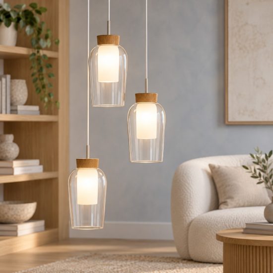 Lampadario a sospensione 3 luci bianco legno vetro per sala da pranzo