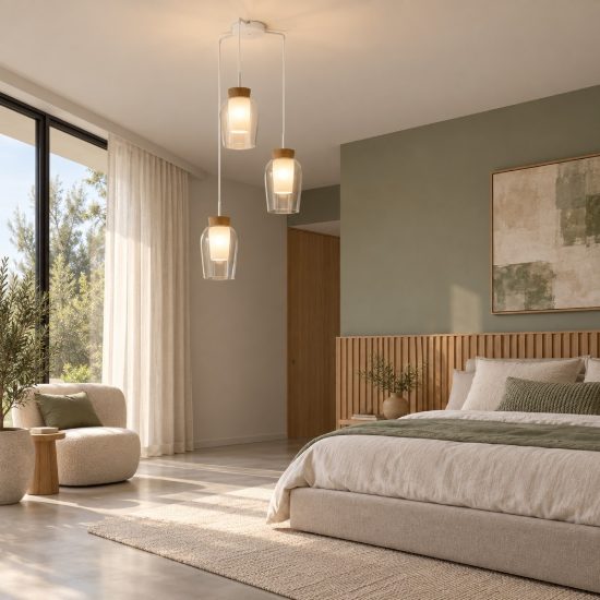 Lampadario a sospensione 3 luci bianco legno vetro per sala da pranzo