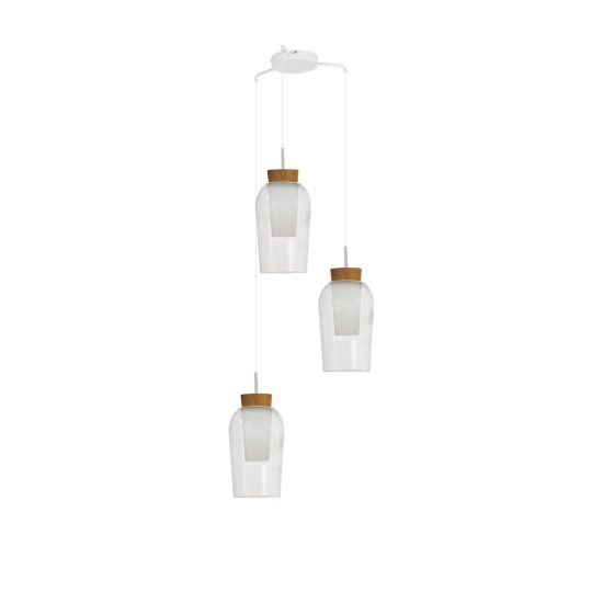 Lampadario a sospensione 3 luci bianco legno vetro per sala da pranzo