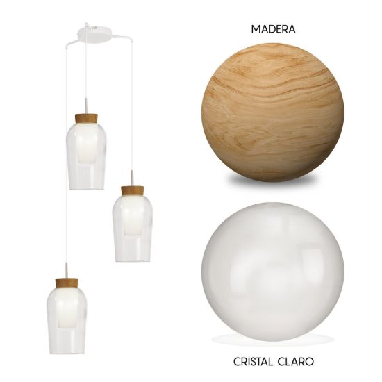 Lampadario a sospensione 3 luci bianco legno vetro per sala da pranzo