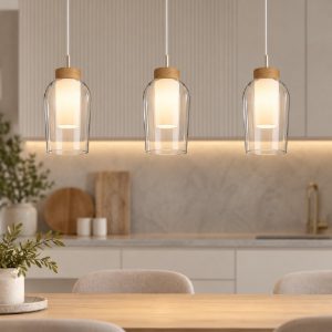 Lampadario a sospensione lineare 3 luci bianco legno vetro per sala da pranzo 108cm