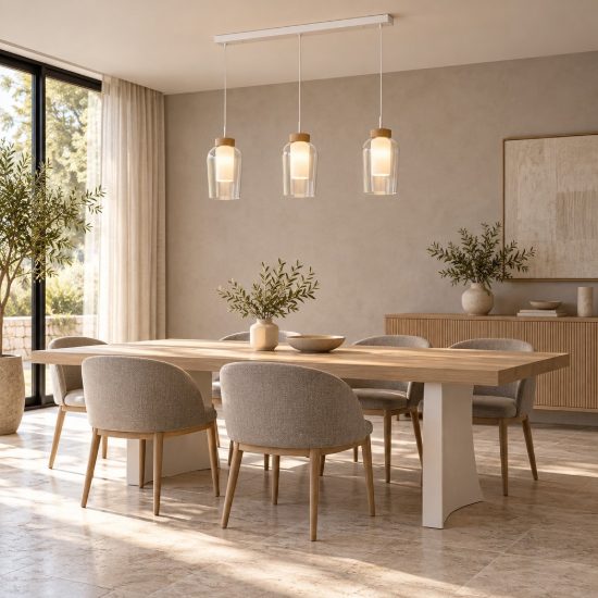 Lampadario a sospensione lineare 3 luci bianco legno vetro per sala da pranzo 108cm