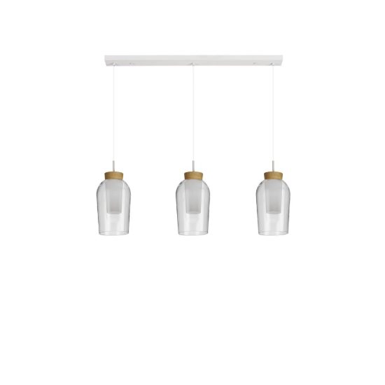 Lampadario a sospensione lineare 3 luci bianco legno vetro per sala da pranzo 108cm