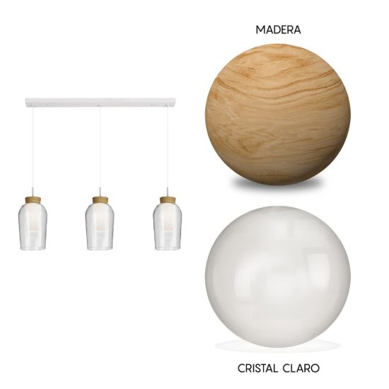 Lampadario a sospensione lineare 3 luci bianco legno vetro per sala da pranzo 108cm