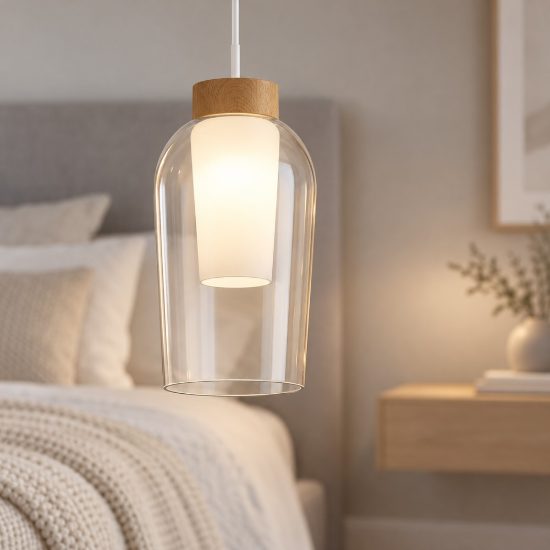 Lampada a sospensione bianco legno vetro per sala da pranzo