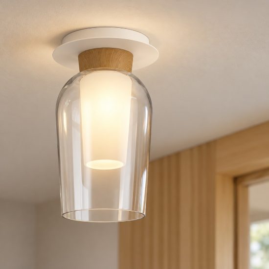 Plafoniera 34cm bianco legno vetro moderna per ingresso