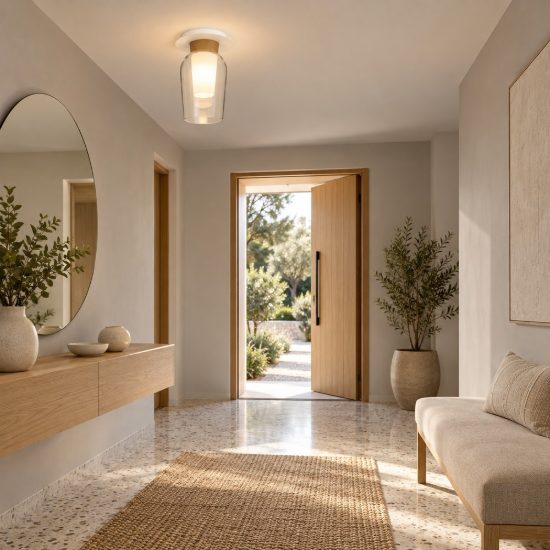 Plafoniera 34cm bianco legno vetro moderna per ingresso