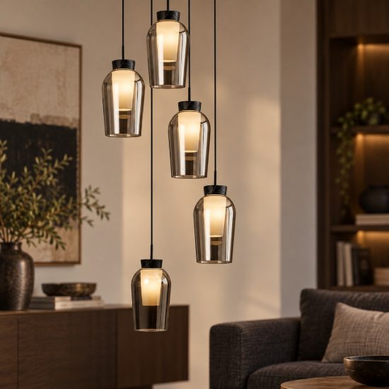 Lampadario nero marmo vetro per soggiorno a sospensione 5 luci