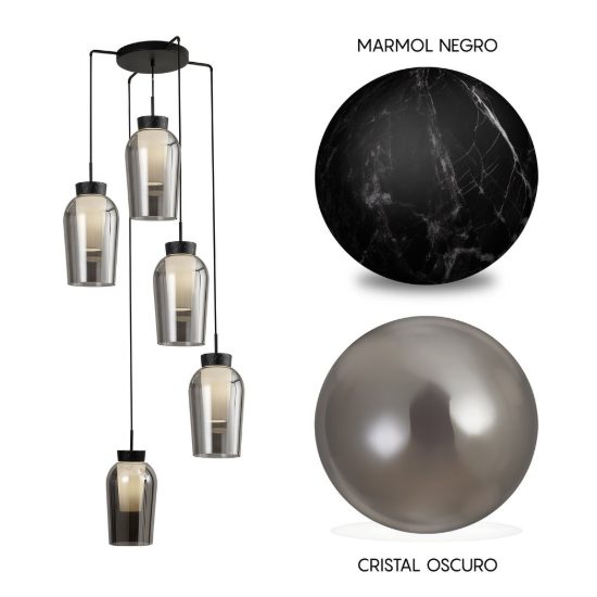 Lampadario nero marmo vetro per soggiorno a sospensione 5 luci