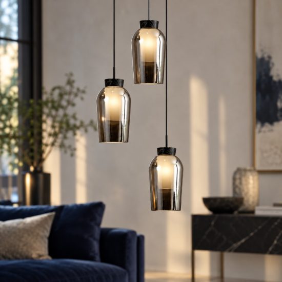 Lampadario nero marmo vetro per soggiorno a sospensione 3 luci moderno