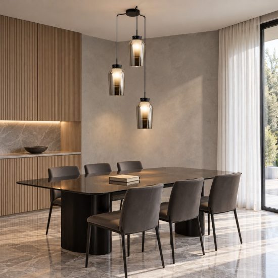 Lampadario nero marmo vetro per soggiorno a sospensione 3 luci moderno