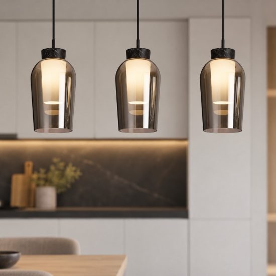 Lampadario nero marmo vetro per sala da pranzo a sospensione 3 luci moderna