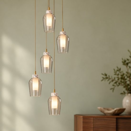 Lampadario a sospensione 5 luci oro bianco vetro per soggiorno