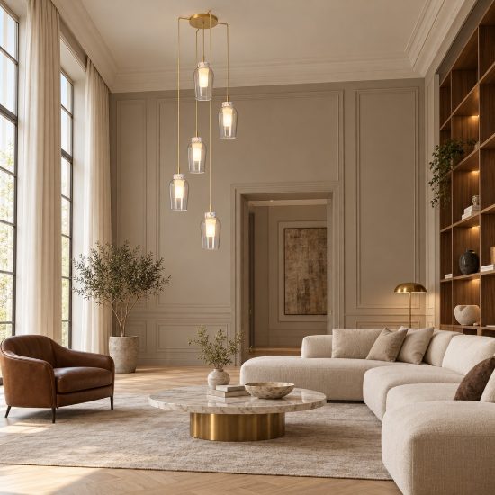 Lampadario a sospensione 5 luci oro bianco vetro per soggiorno