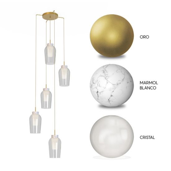 Lampadario a sospensione 5 luci oro bianco vetro per soggiorno