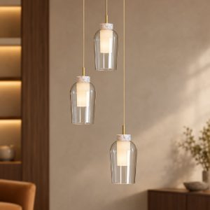 Lampadario a sospensione 3 luci oro bianco vetro per soggiorno tondo 53cm