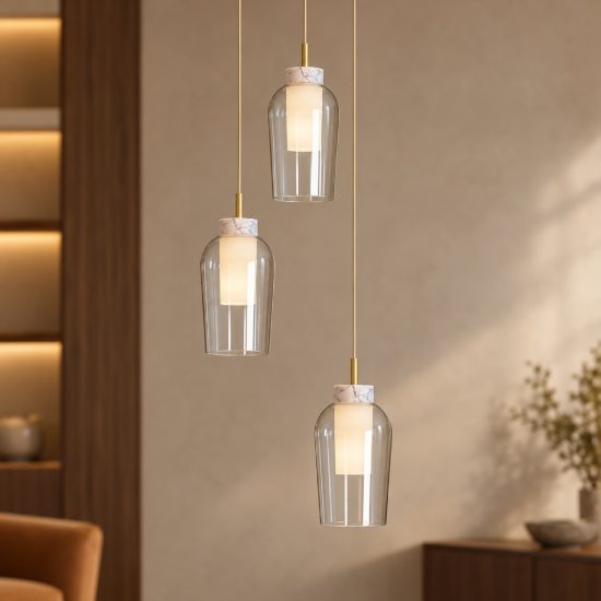 Lampadario a sospensione 3 luci oro bianco vetro per soggiorno