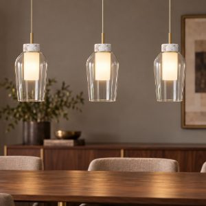 Lampadario a sospensione lineare 3 luci oro bianco vetro per soggiorno 108cm