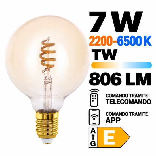 Lampadina led 7w cct 2200k 6500k e27 dimmerabile con controllo smart ambrata