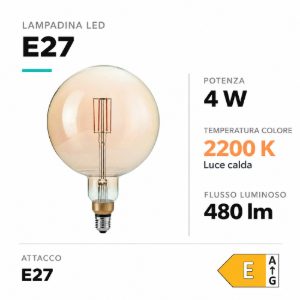 Lampadina led 4w 2200k filamento vetro ambra ideal lux