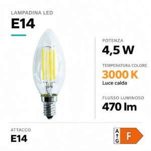 Life lampadina candela vetro led e14 470lm 4,5w 3000k filamento trasparente