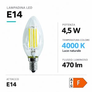 Life lampadina led oliva e14 4.5w 4000k 470lm vetro trasparente 39.920022n40
