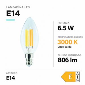 Life lampadina led e14 6.5w 3000k 806lm vetro trasparente filamento 320