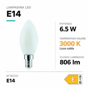 Life lampadina e14 candela led 6,5w 3000k 806lm vetro bianco milky
