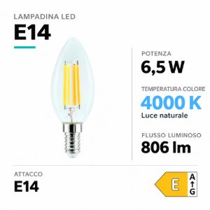 Lampadina e14 led 6,5w 4000k 806lm life candela vetro trasparente